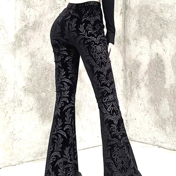 NWT Medium Black Velour Damask Brocade Goth Cthulhu Flares - Picture 2 of 10